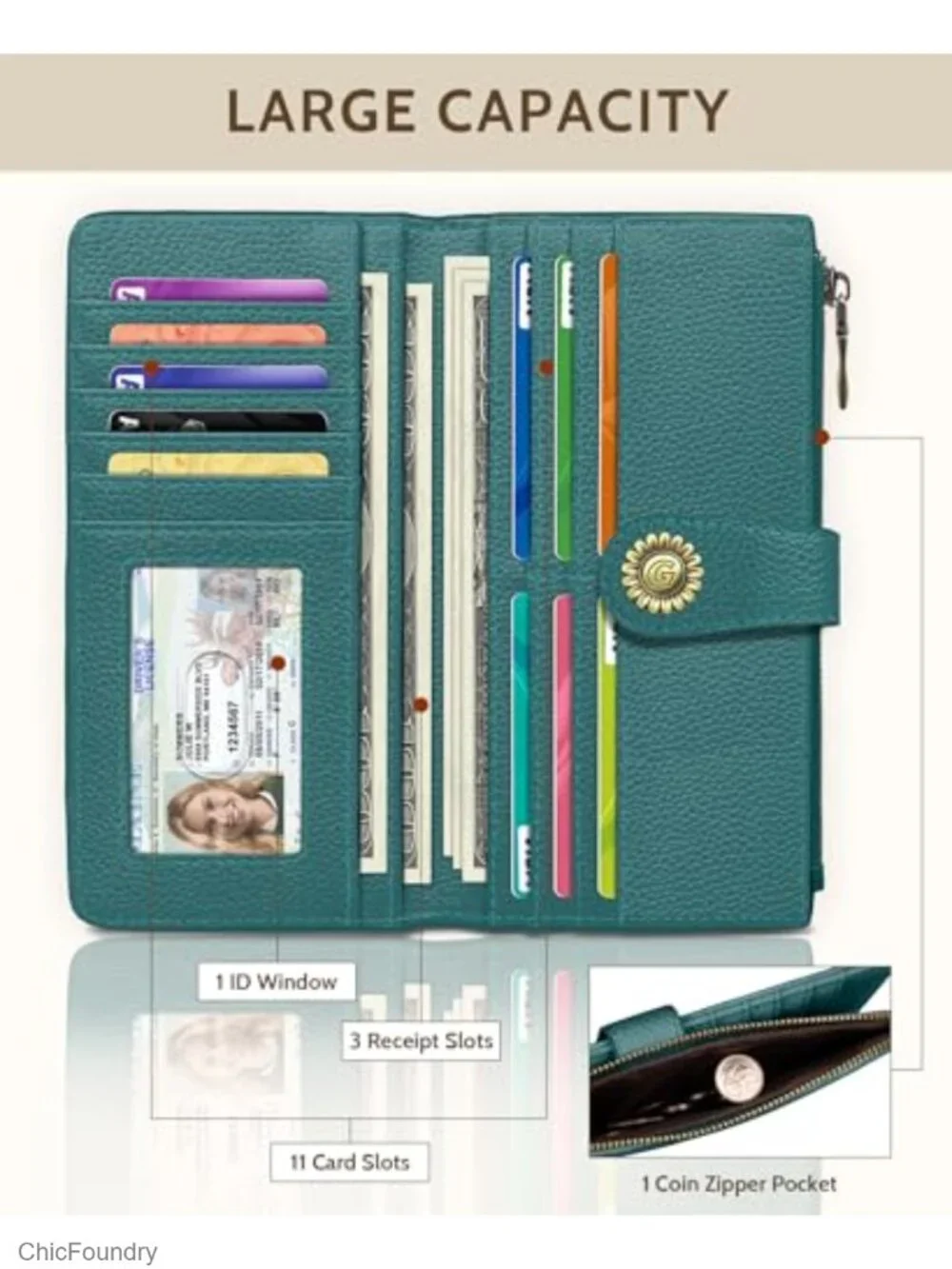 RFID Blocking Bifold PU Leather Wallet with 11 Card Slots, Zipper Coin Pocket